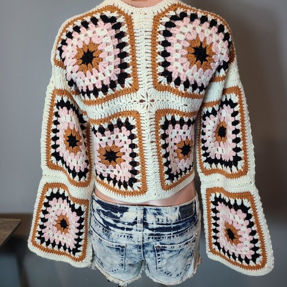 DREAMERS BY DEBUT Crochet Granny Square Cardigan Boho Retro Gypsy Grunge S/M - Picture 6 of 9